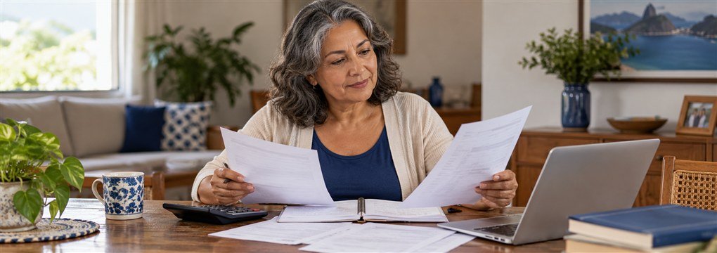 Mulher analisando documentos da aposentadoria em casa